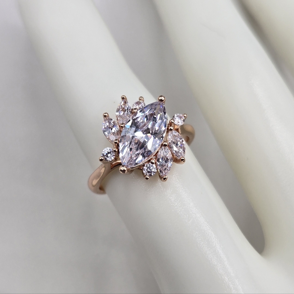 Swarovski Crystal Elements Rose Gold Statement Ring Size 6.75 Marquise Prom  66